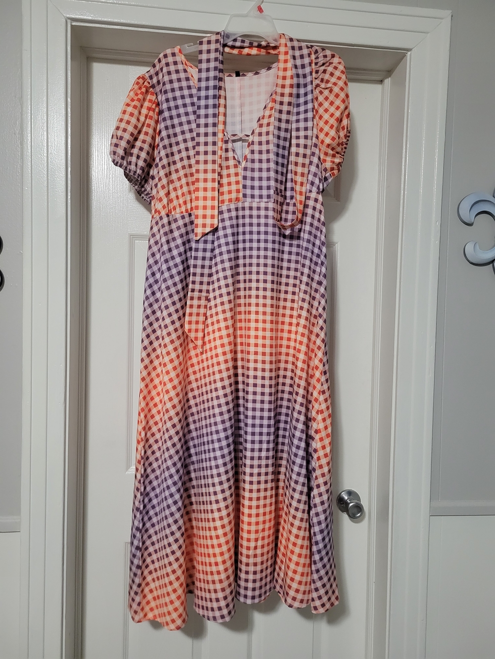 Womens' Orange & Purple Gingham Tie-Neck Dress